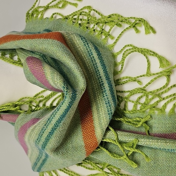 Victoire Mathieu Paris Merino Wool Fringed Scarf, Green Orange Purple Stripe - Picture 2 of 7